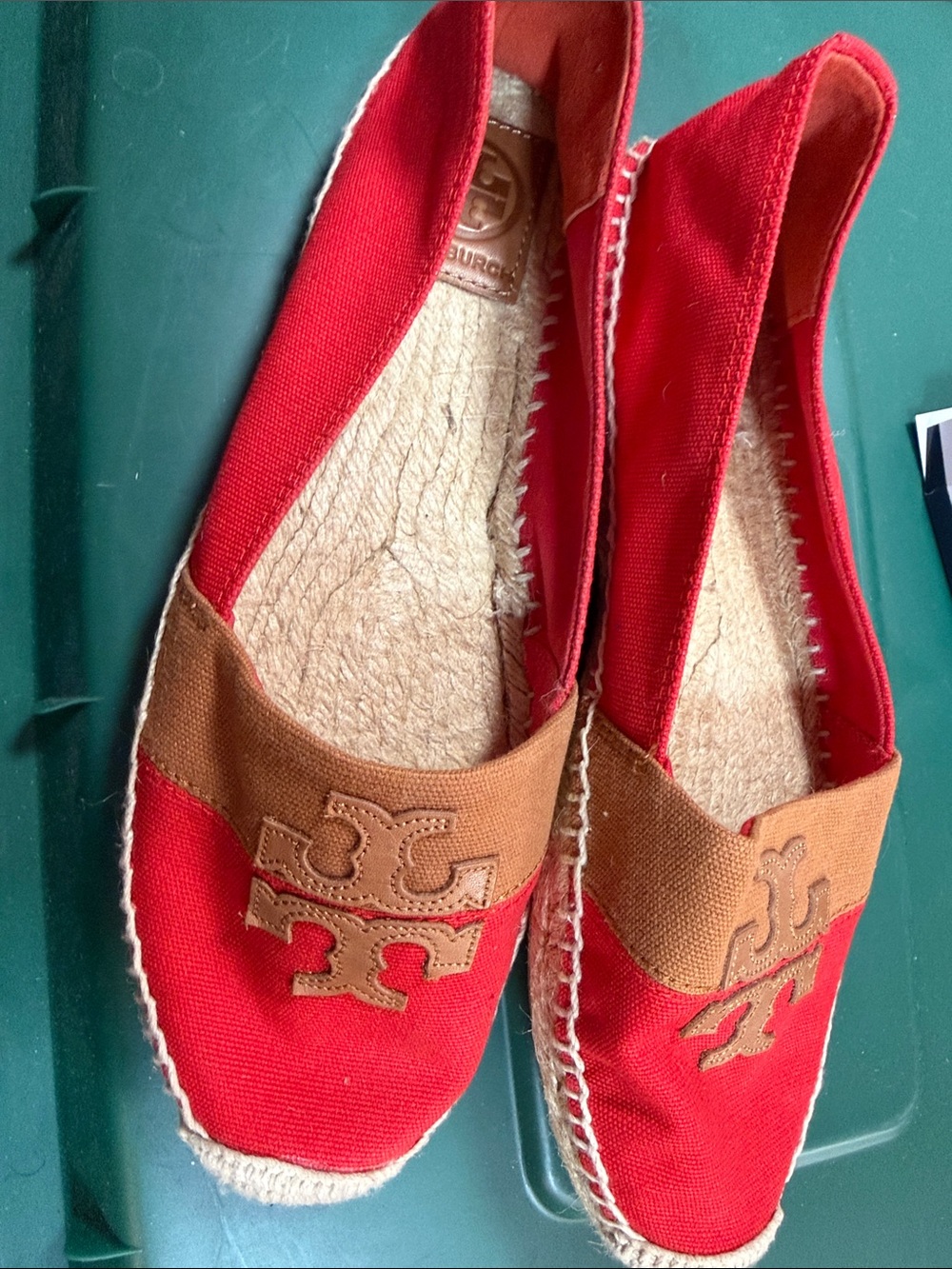 Tory Burch Red Canvas Espadrille Flats with Brown Trim
